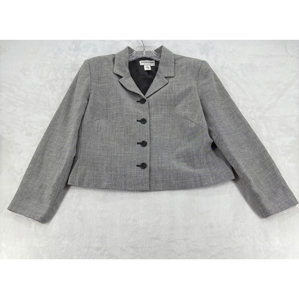 Pendleton Blazer 12 Gray Rayon Wool Silk Cropped 4-Button Jacket Made in USA